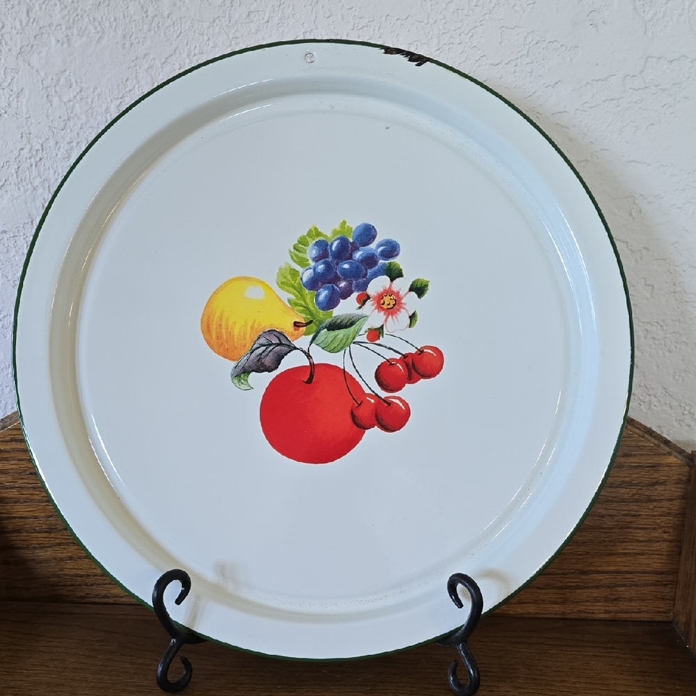 Blue Sky White Enamel Fruit Serving Platter with Red, Yellow & Blue Accents